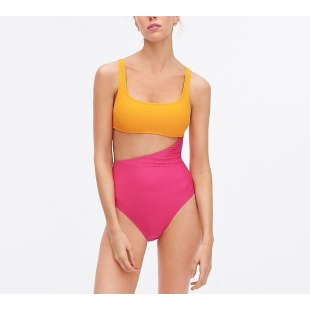 J.Crew Womens Colorblock Cut Out One-Shoulder Swimsuit Orange Pink  Size 12